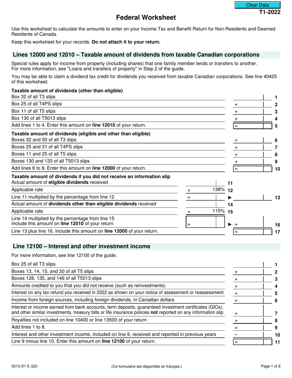 Form T1 (5013-D1) Federal Worksheet - Canada, Page 1