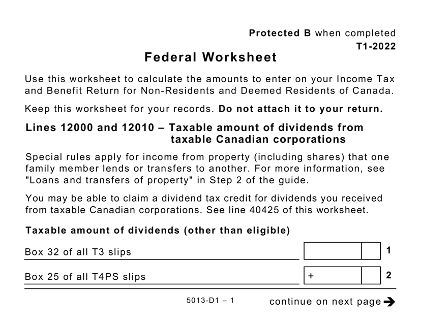 Form T1 (5013-D1) Federal Worksheet - Large Print - Canada, 2022