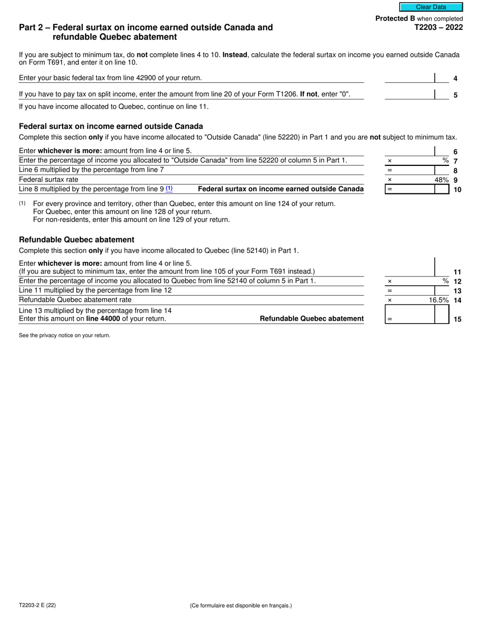 Form T2203-2 Part 2 Federal Surtax on Income Earned Outside Canada and Refundable Quebec Abatement - Canada, Page 1