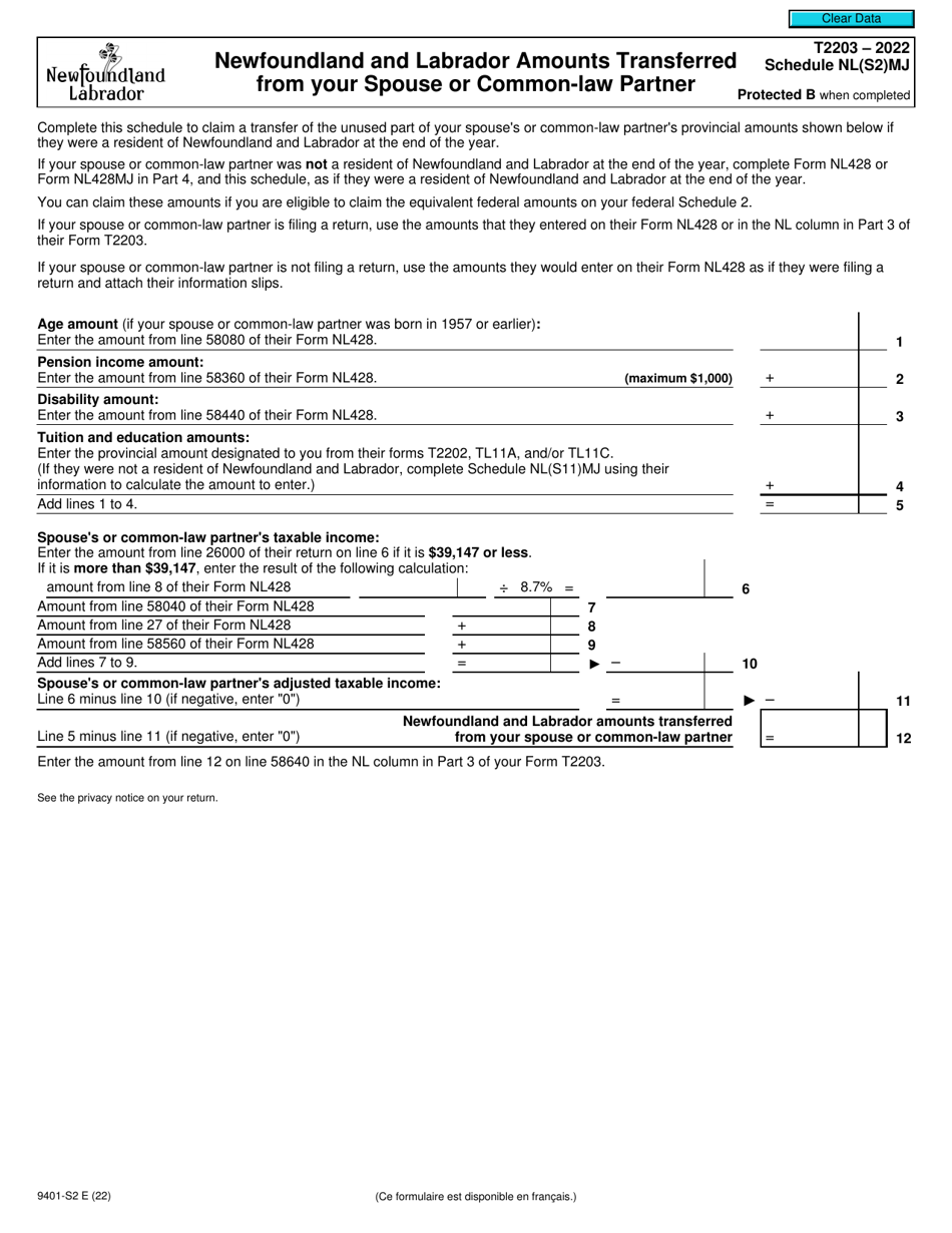 Form T2203 (9401-S2) Schedule NL(S2)MJ Newfoundland and Labrador Amounts Transferred From Your Spouse or Common-Law Partner - Canada, Page 1