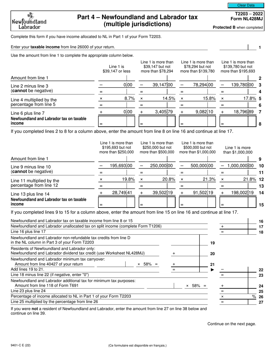 Form T2203 (NL428MJ; 9401-C) Part 4 Newfoundland and Labrador Tax (Multiple Jurisdictions) - Canada, Page 1