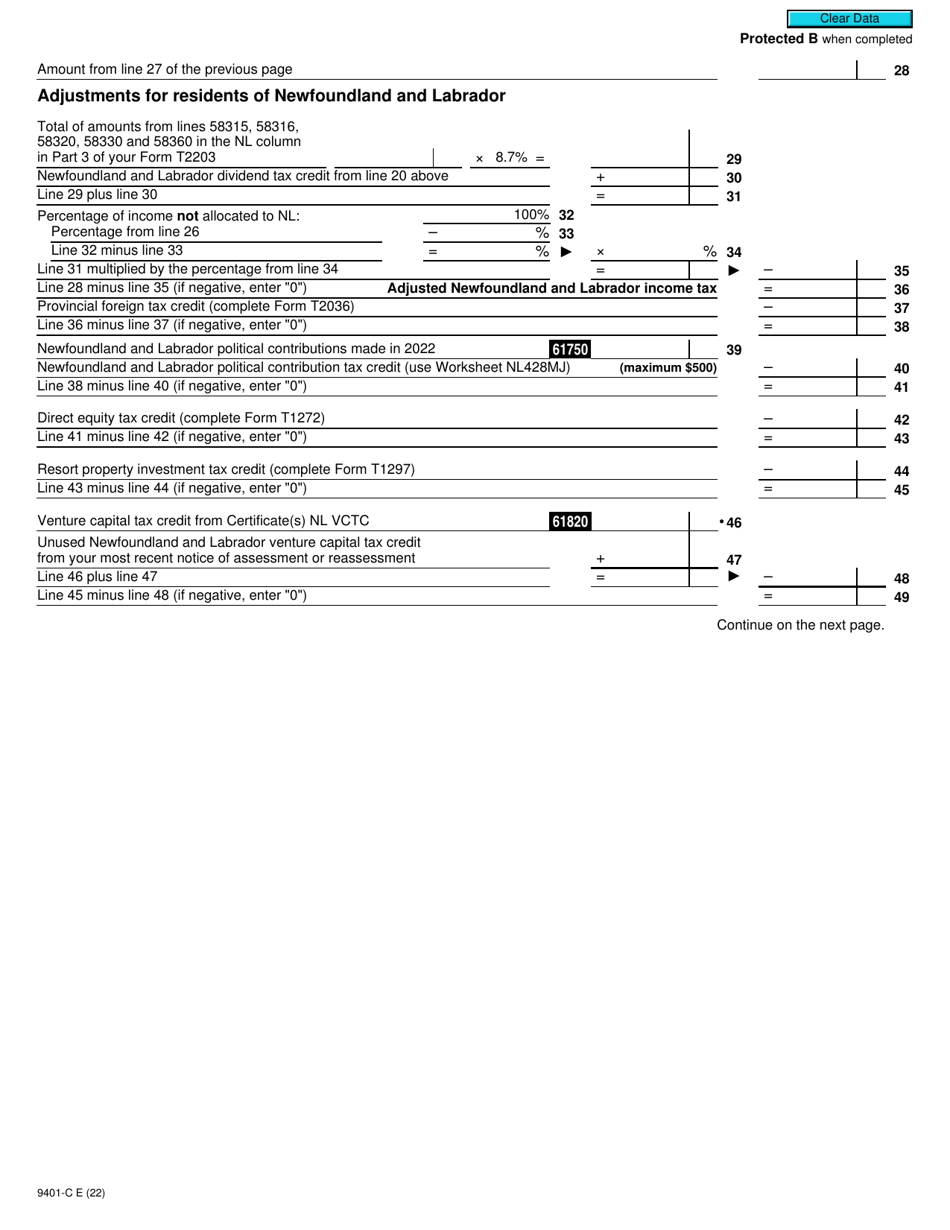Form T2203 (NL428MJ; 9401-C) Part 4 Newfoundland and Labrador Tax (Multiple Jurisdictions) - Canada, Page 2
