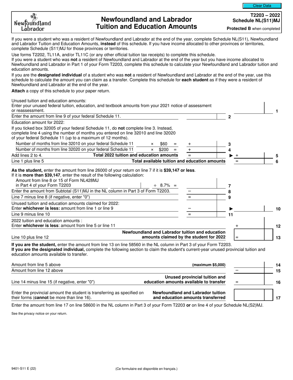 Form T2203 (9401-S11) Schedule NL(S11)MJ Newfoundland and Labrador Tuition and Education Amounts - Canada, Page 1