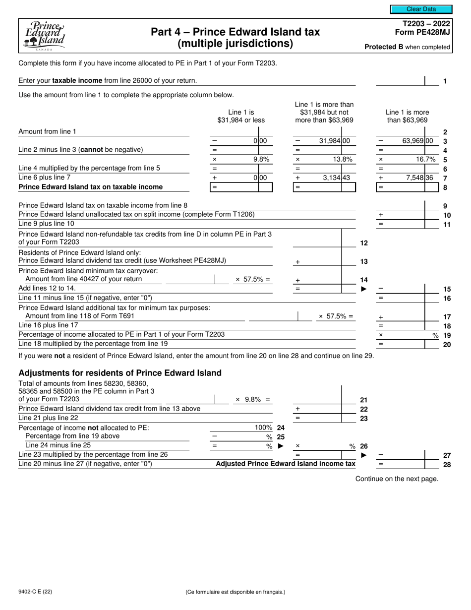 Form T2203 (PE428MJ; 9402-C) Part 4 Prince Edward Island Tax (Multiple Jurisdictions) - Canada, Page 1