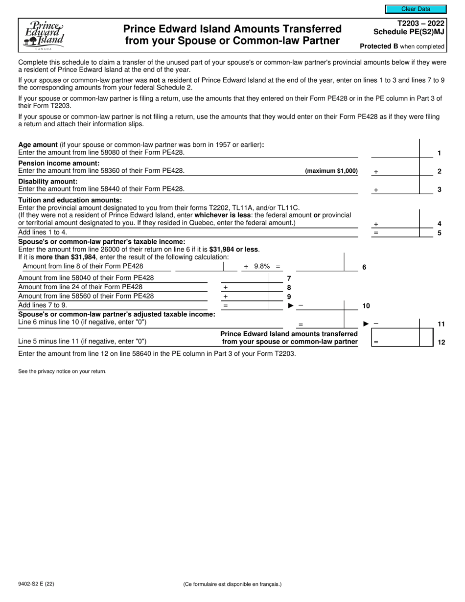 Form T2203 (9402-S2) Schedule PE(S2)MJ Prince Edward Island Amounts Transferred From Your Spouse or Common-Law Partner - Canada, Page 1