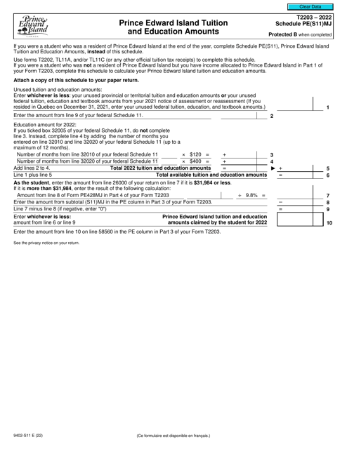 Form T2203 (9402-S11) Schedule PE(S11)MJ 2022 Printable Pdf