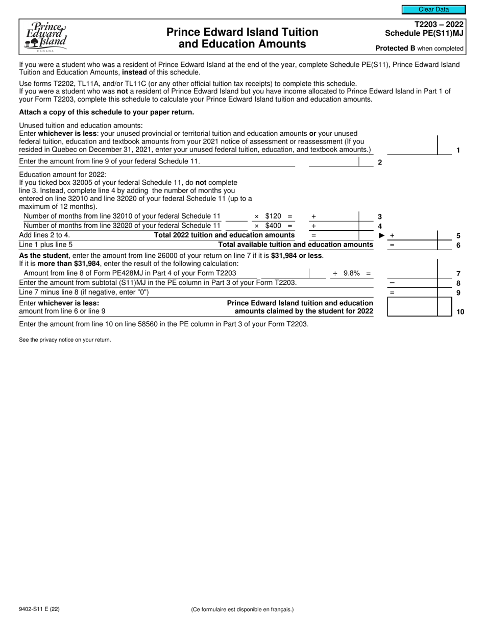 Form T2203 (9402-S11) Schedule PE(S11)MJ Prince Edward Island Tuition and Education Amounts - Canada, Page 1