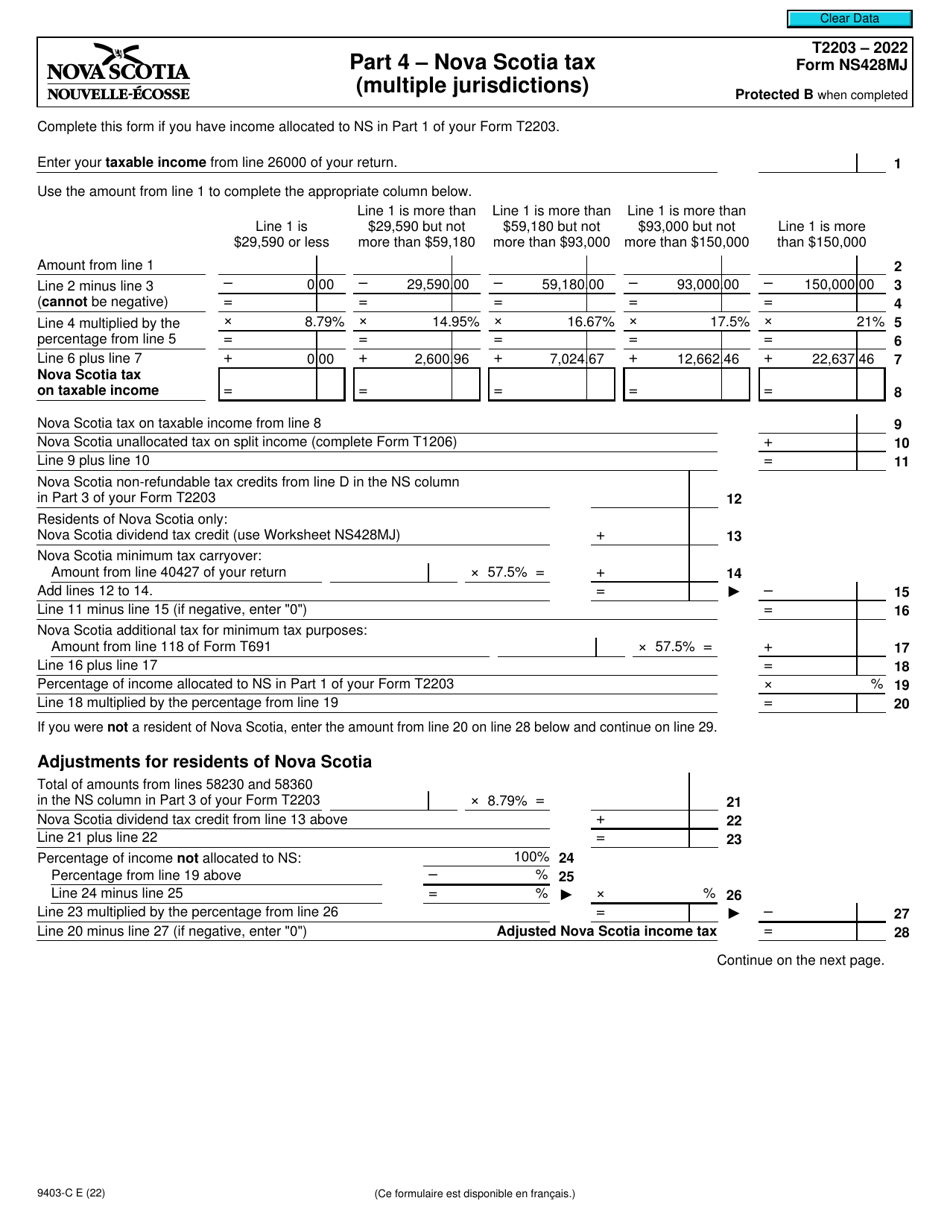Form T2203 (NS428MJ; 9403-C) Part 4 Nova Scotia Tax (Multiple Jurisdictions) - Canada, Page 1