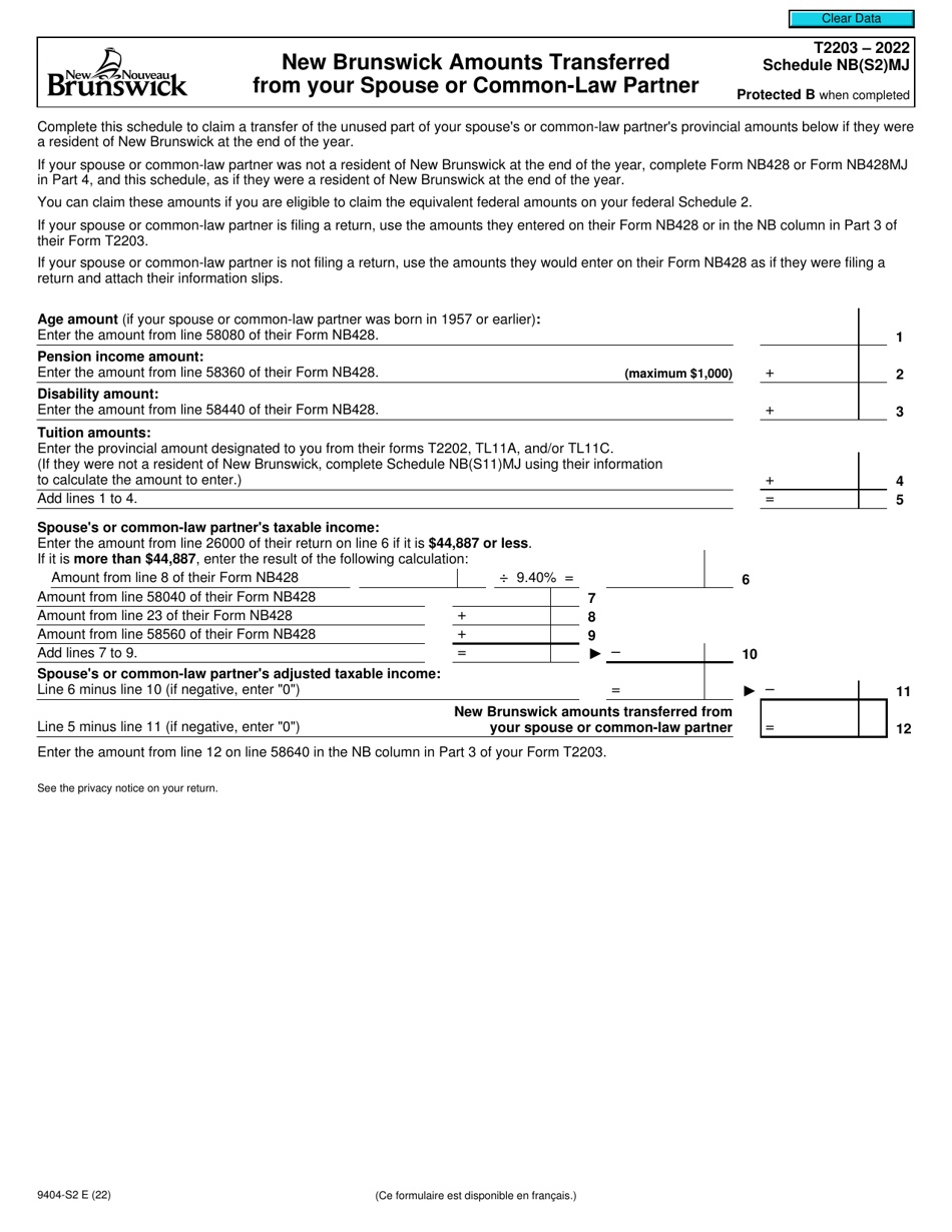 Form T2203 (9404-S2) Schedule NB(S2)MJ New Brunswick Amounts Transferred From Your Spouse or Common-Law Partner - Canada, Page 1