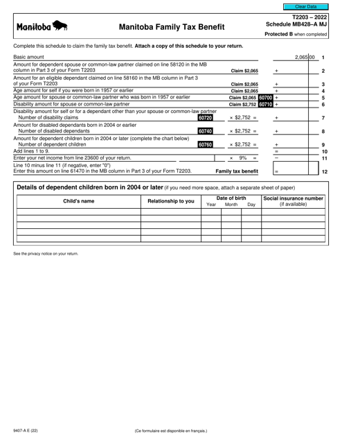 Form T2203 (9407-A) Schedule MB428-A MJ 2022 Printable Pdf