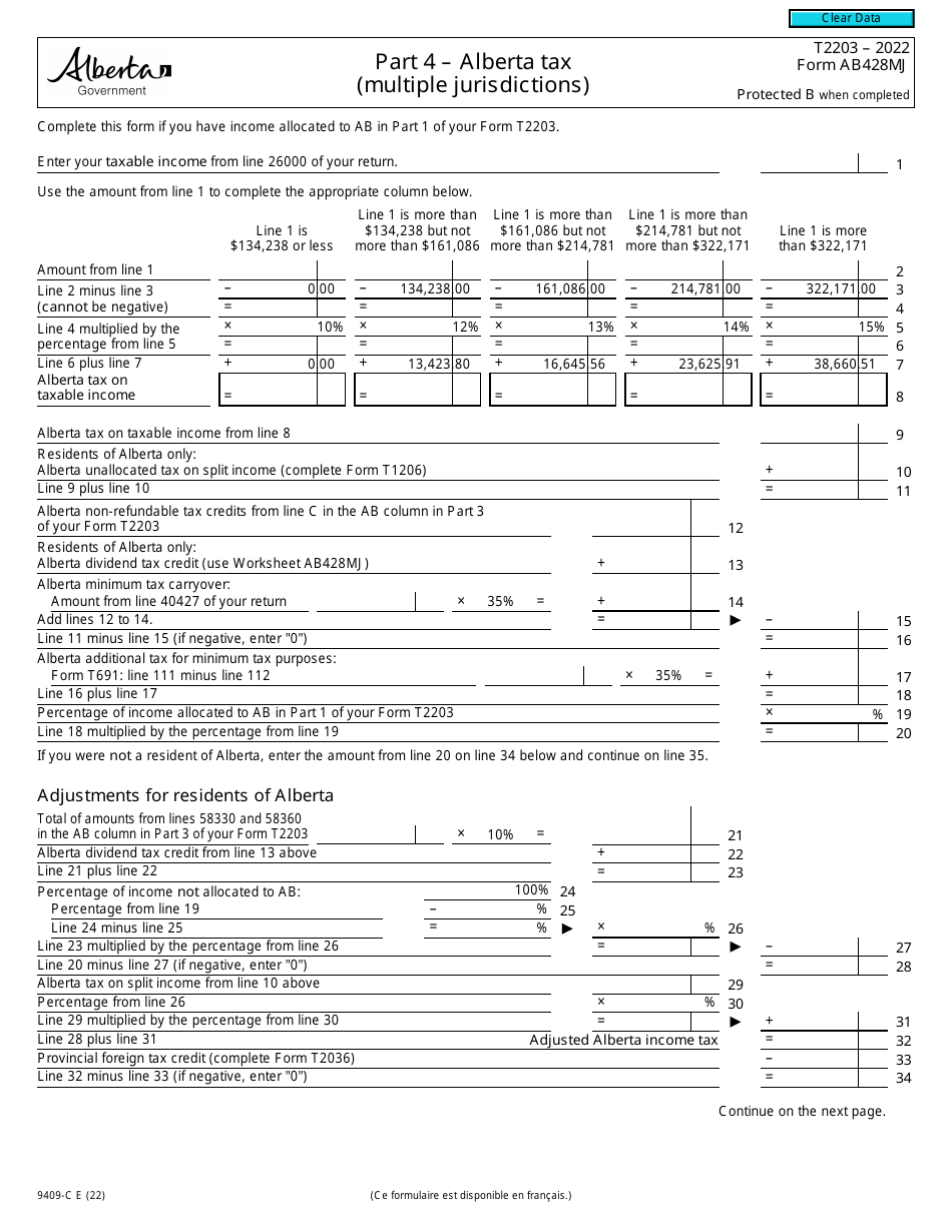 Form T2203 (AB428MJ; 9409-C) Part 4 Alberta Tax (Multiple Jurisdictions) - Canada, Page 1