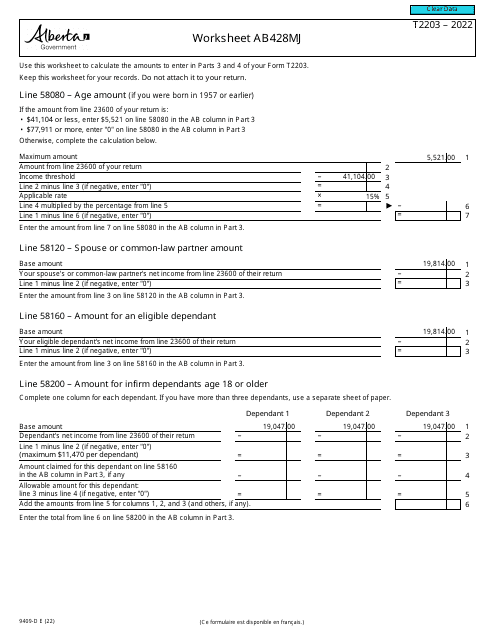 Form T2203 (9409-D) Worksheet AB428MJ 2022 Printable Pdf
