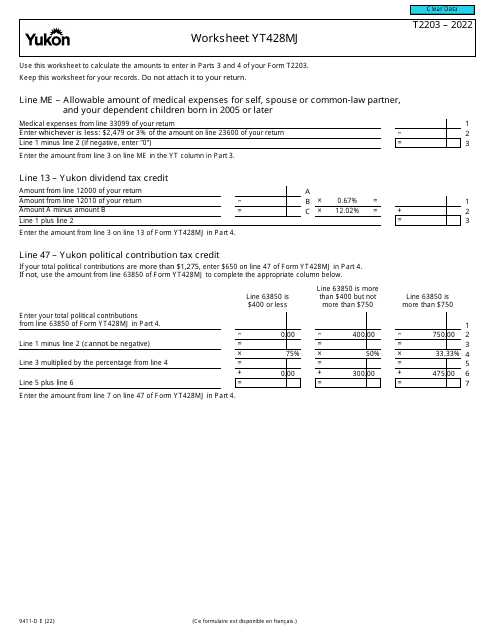 Form T2203 (9411-D) Worksheet YT428MJ 2022 Printable Pdf