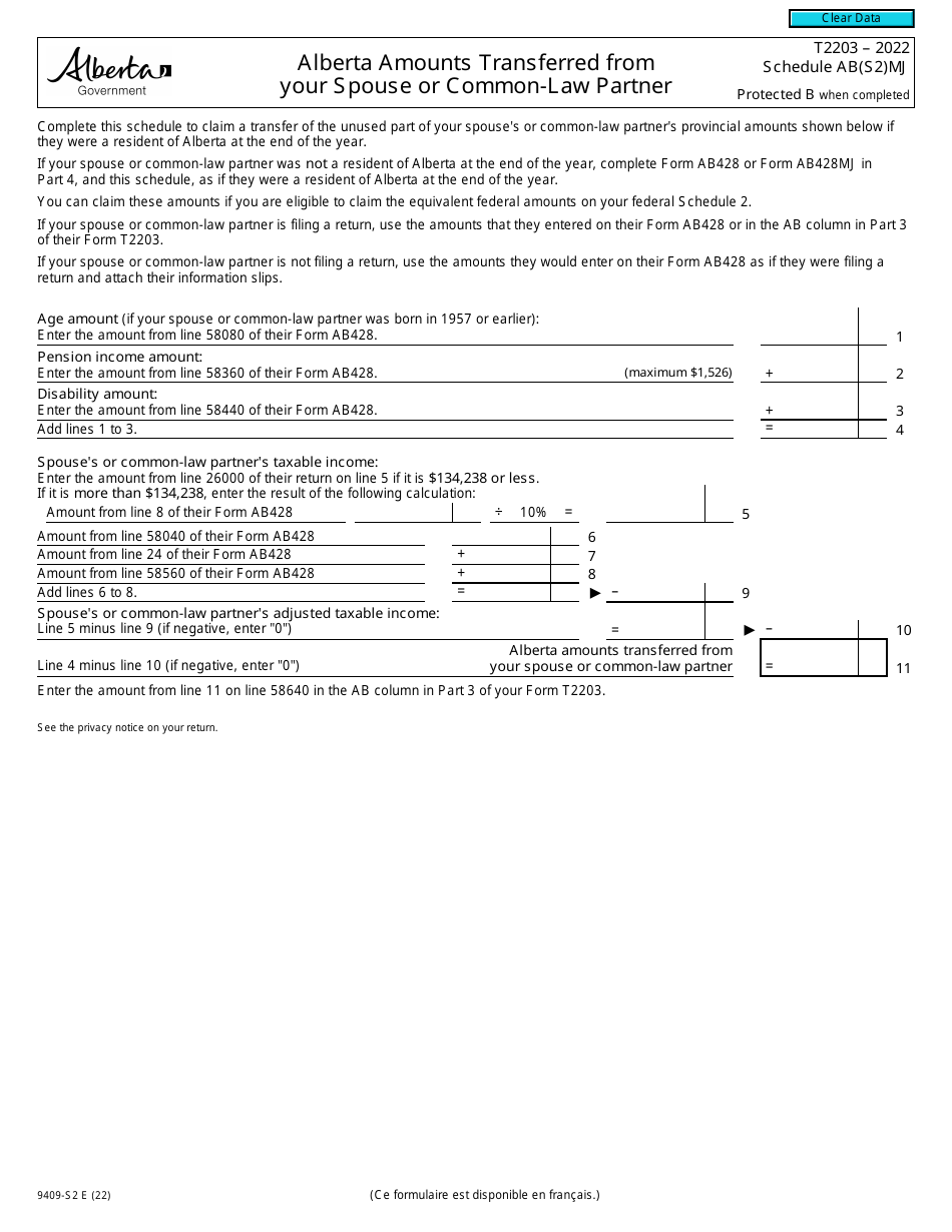 Form T2203 (9409-S2) Schedule AB(S2)MJ Alberta Amounts Transferred From Your Spouse or Common-Law Partner - Canada, Page 1