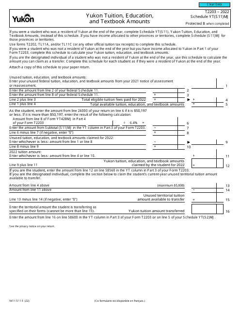 Form T2203 (9411-S11) Schedule YT(S11)MJ 2022 Printable Pdf