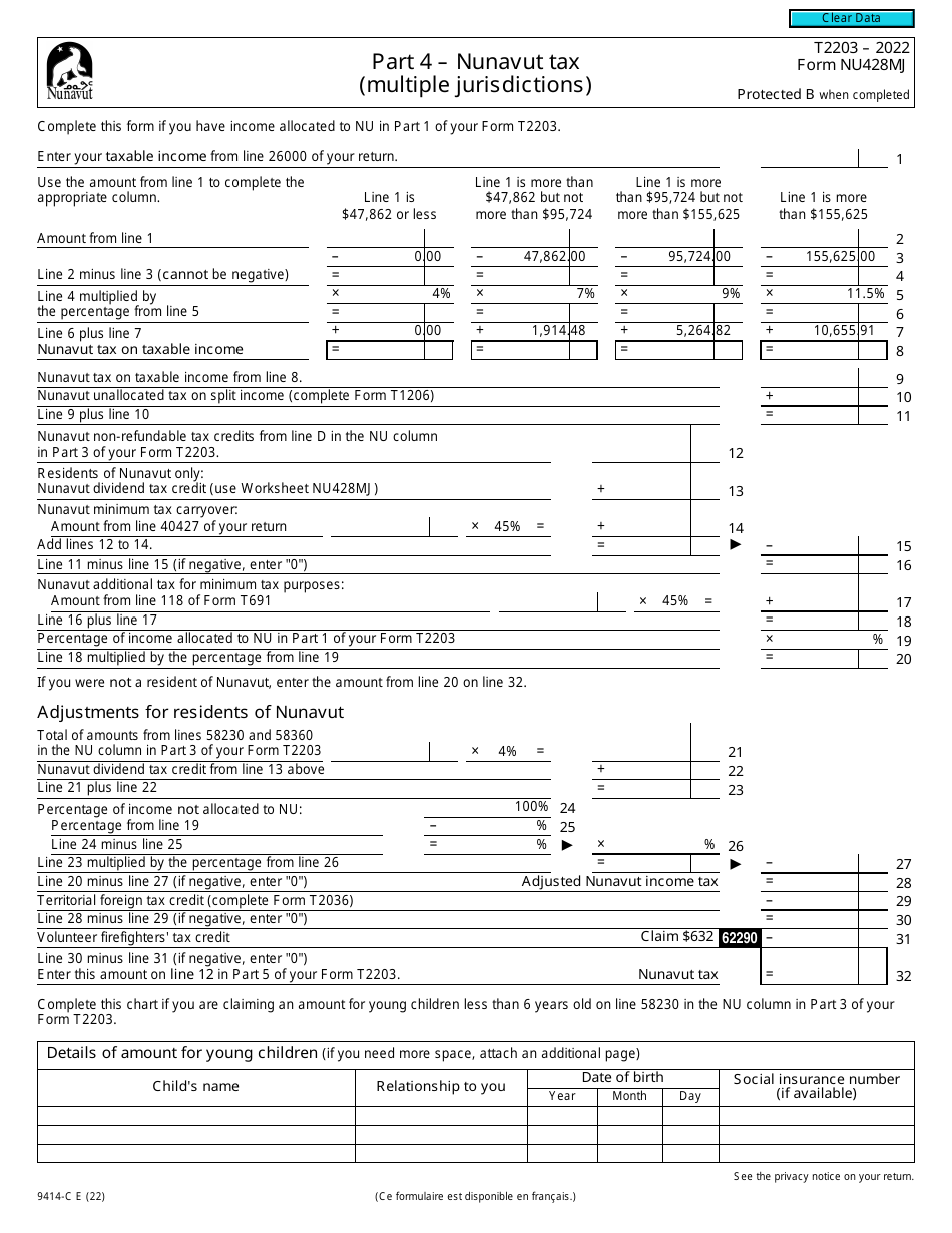 Form T2203 (NU428MJ; 9414-C) Part 4 Nunavut Tax (Multiple Jurisdictions) - Canada, Page 1