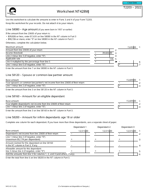 Form T2203 (9412-D) Worksheet NT428MJ 2022 Printable Pdf