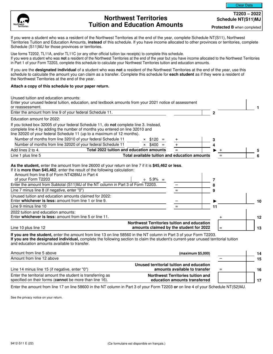 Form T2203 (9412-S11) Schedule NT(S11)MJ Northwest Territories Tuition and Education Amounts - Canada, Page 1