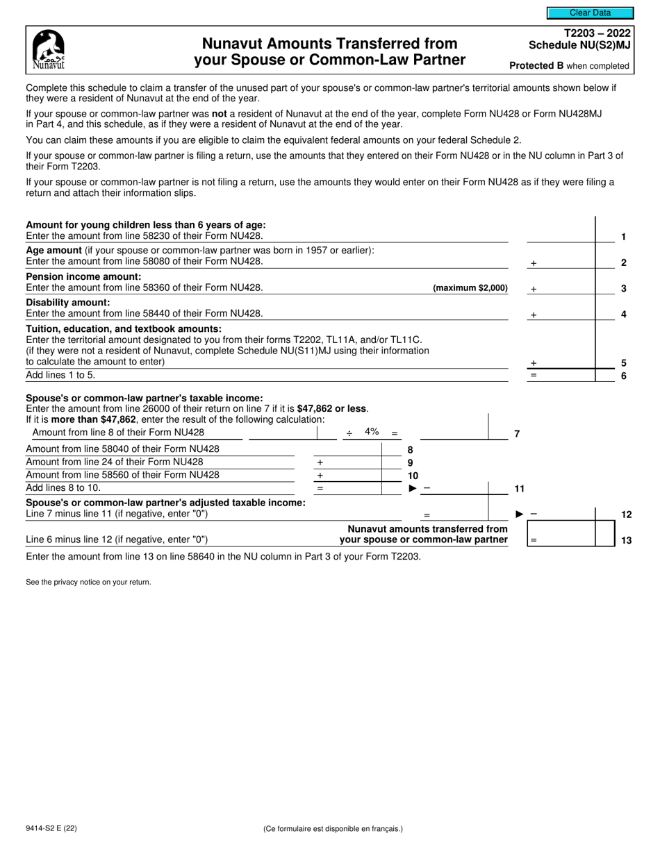 Form T2203 (9414-S2) Schedule NU(S2)MJ Nunavut Amounts Transferred From Your Spouse or Common-Law Partner - Canada, Page 1