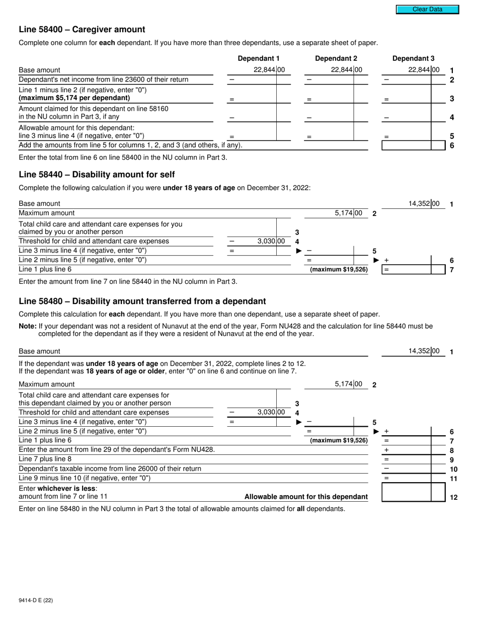 Form T2203 (9414-D) Worksheet NU428MJ Nunavut - Canada, Page 2