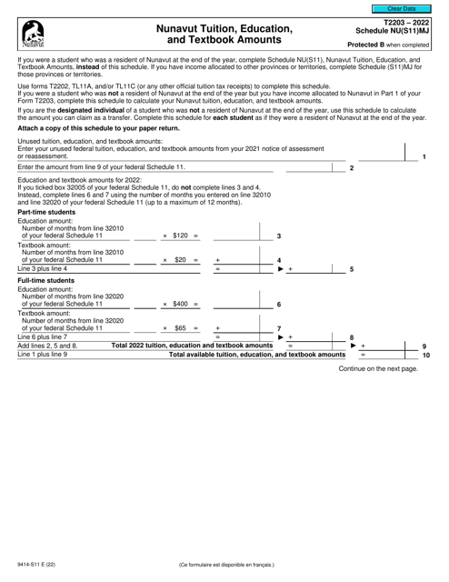 Form T2203 (9414-S11) Schedule NU(S11)MJ 2022 Printable Pdf