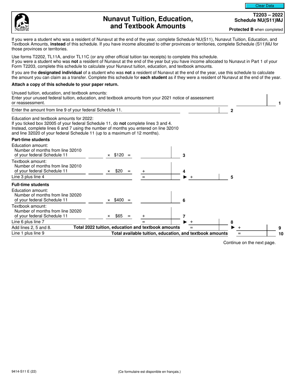 Form T2203 (9414-S11) Schedule NU(S11)MJ Nunavut Tuition, Education, and Textbook Amounts - Canada, Page 1