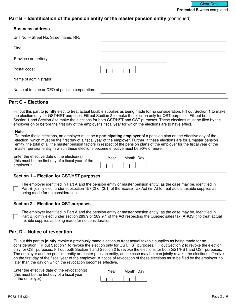 Form RC7215 Elections or Revocation of the Elections to Not Account for Gst / Hst and / or Qst on Actual Taxable Supplies for Participating Employers That Are Selected Listed Financial Institutions - Canada, Page 2