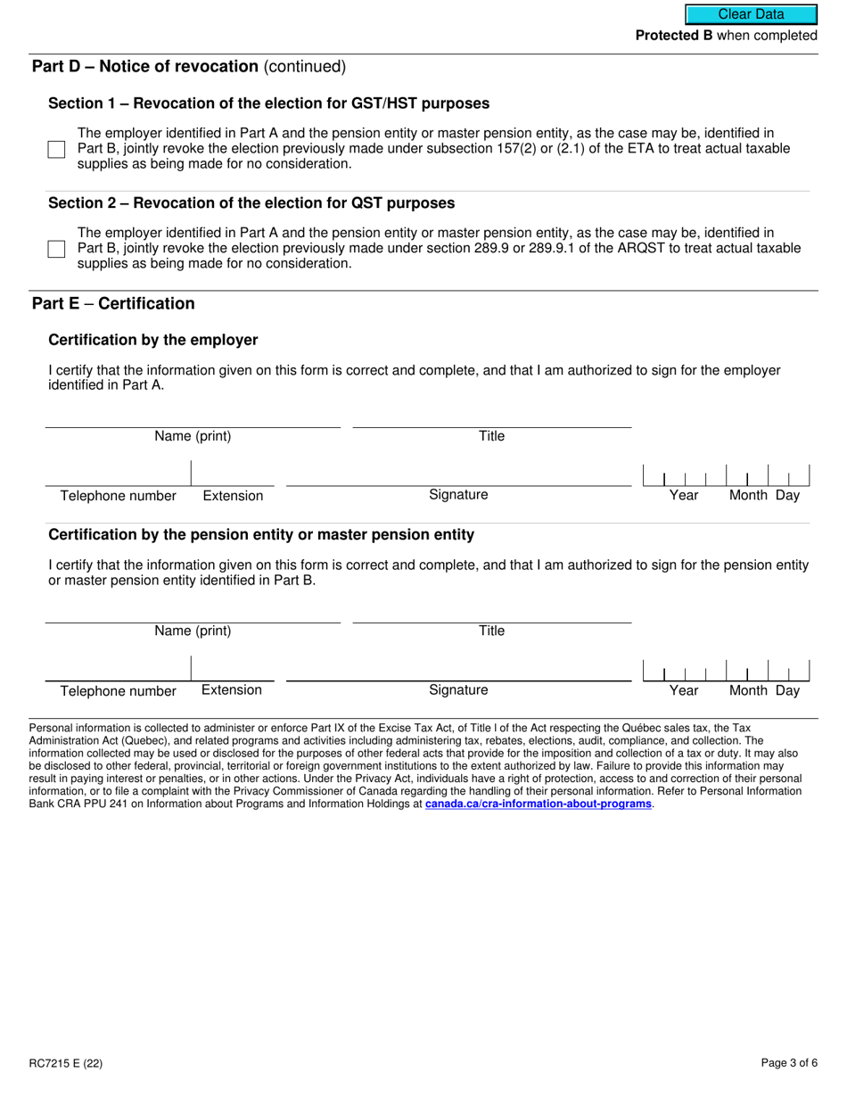 Form RC7215 Elections or Revocation of the Elections to Not Account for Gst / Hst and / or Qst on Actual Taxable Supplies for Participating Employers That Are Selected Listed Financial Institutions - Canada, Page 3