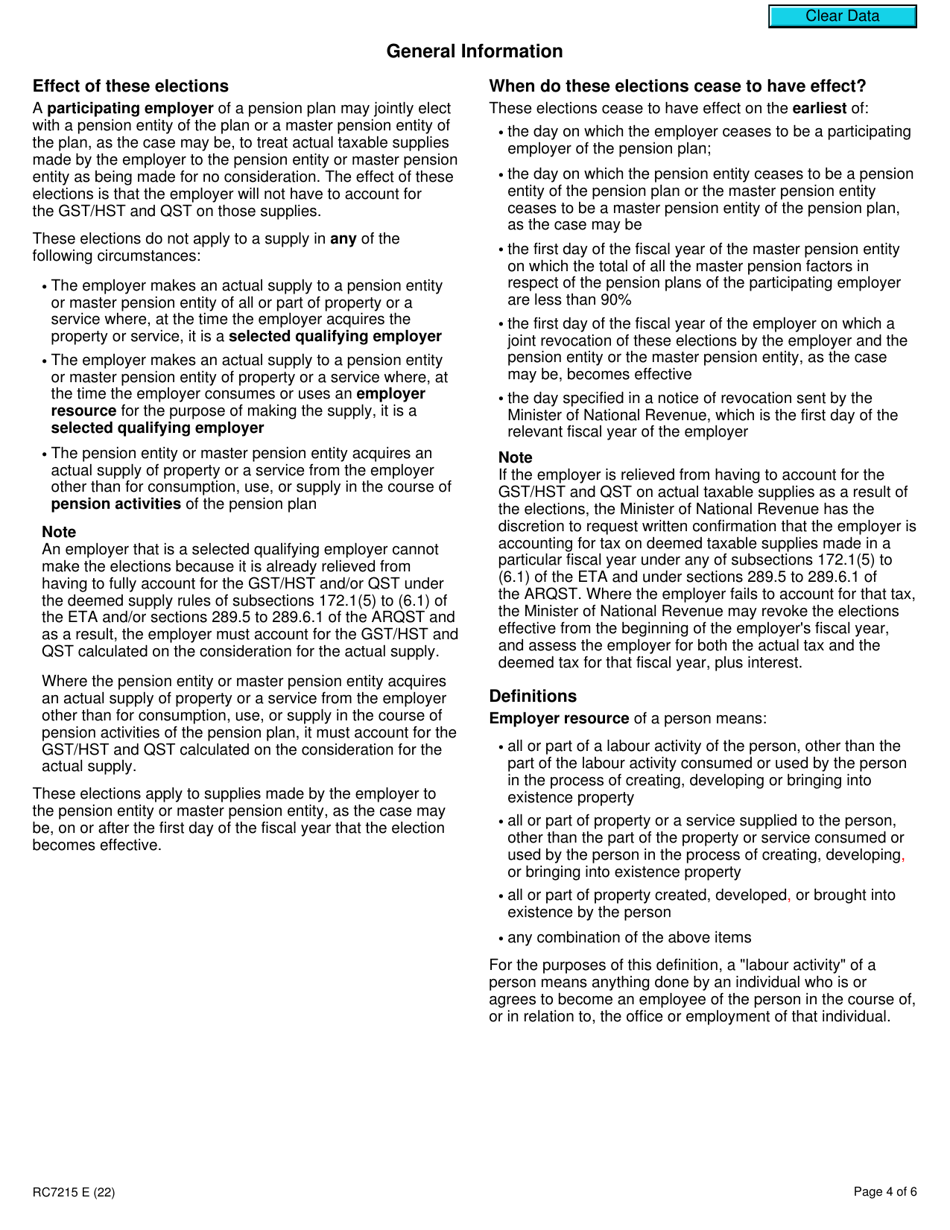 Form RC7215 Elections or Revocation of the Elections to Not Account for Gst / Hst and / or Qst on Actual Taxable Supplies for Participating Employers That Are Selected Listed Financial Institutions - Canada, Page 4