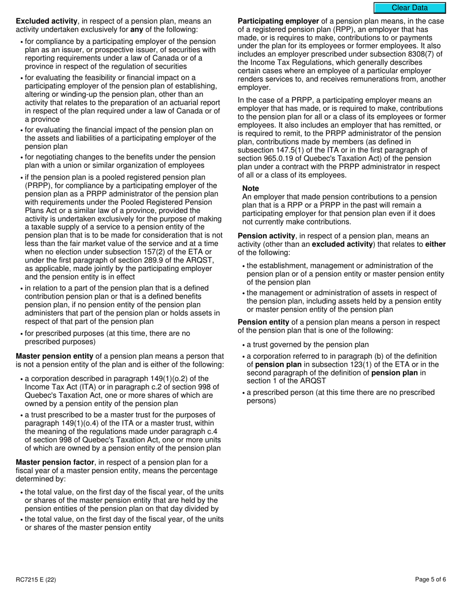 Form RC7215 Elections or Revocation of the Elections to Not Account for Gst / Hst and / or Qst on Actual Taxable Supplies for Participating Employers That Are Selected Listed Financial Institutions - Canada, Page 5