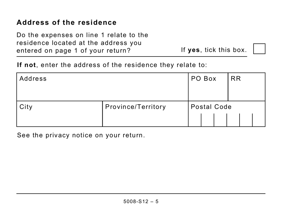 Form 5008-S12 Schedule SK(S12) Saskatchewan Home Renovation Tax Credit - Large Print - Canada, Page 5