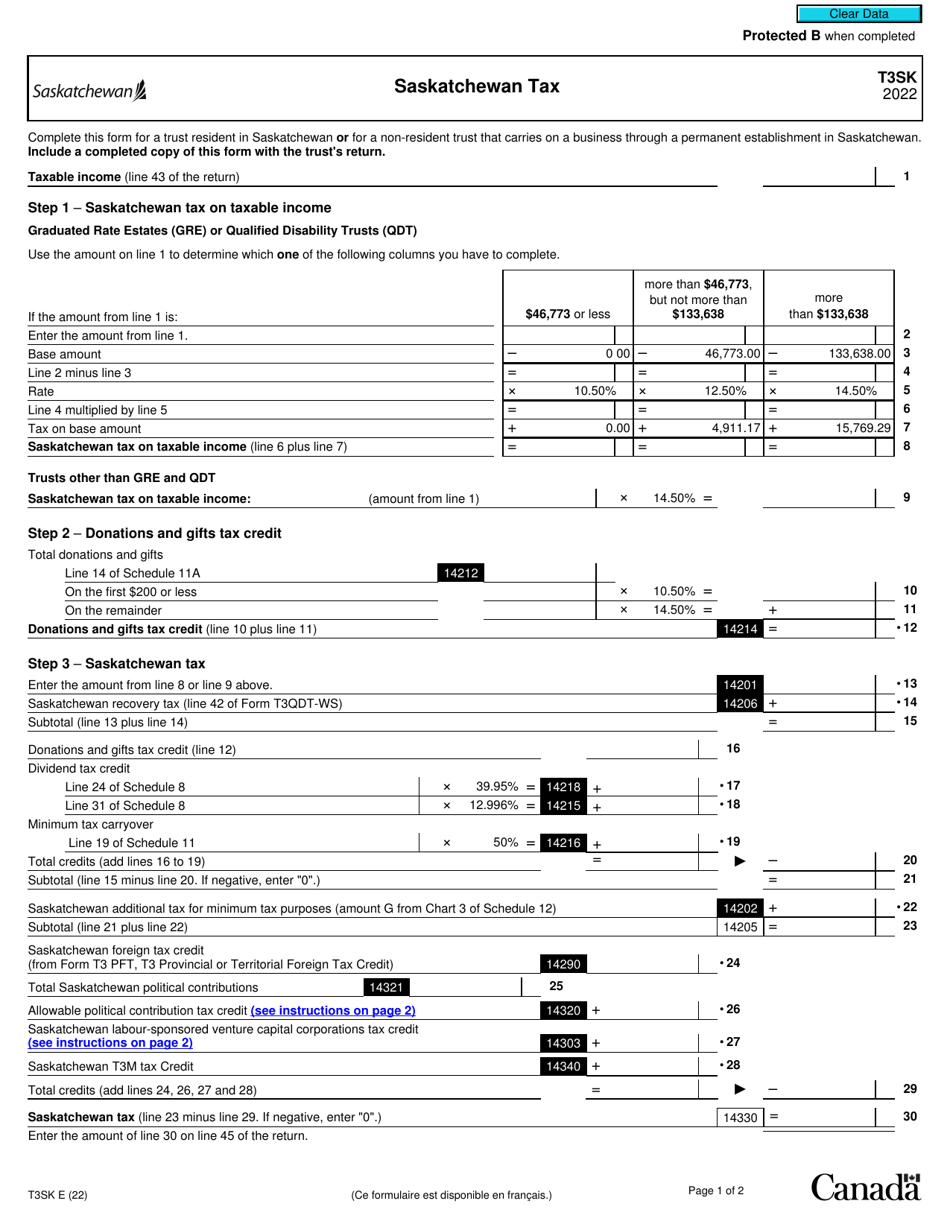 Form T3SK Saskatchewan Tax - Canada, Page 1