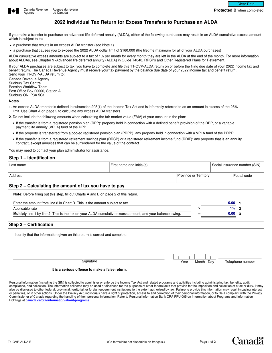 Form T1-OVP-ALDA Individual Tax Return for Excess Transfers to Purchase an Alda - Canada, Page 1