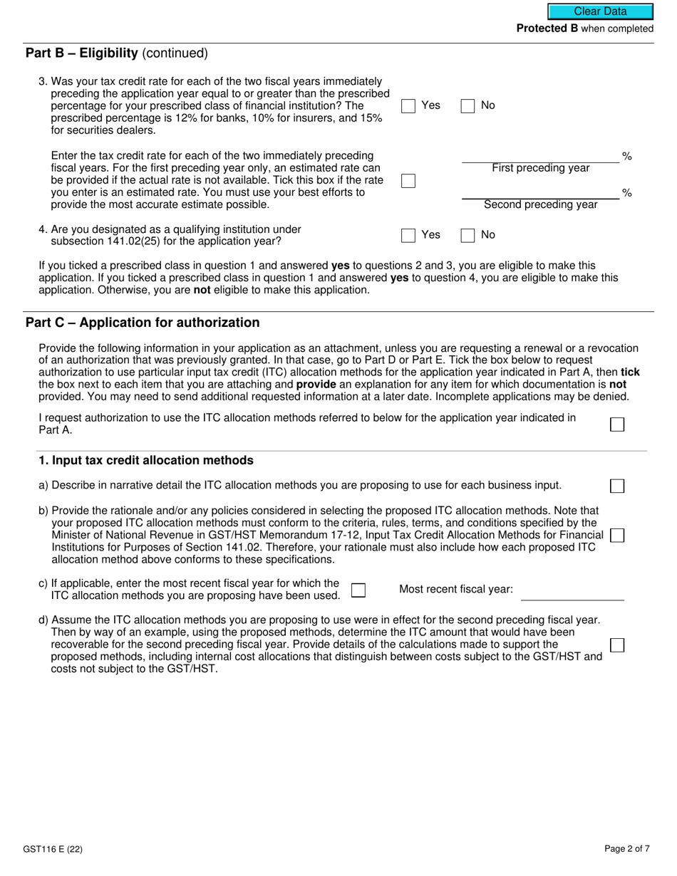 Form GST116 Application, Renewal, or Revocation of the Authorization for a Qualifying Institution to Use Particular Input Tax Credit Allocation Methods - Canada, Page 2