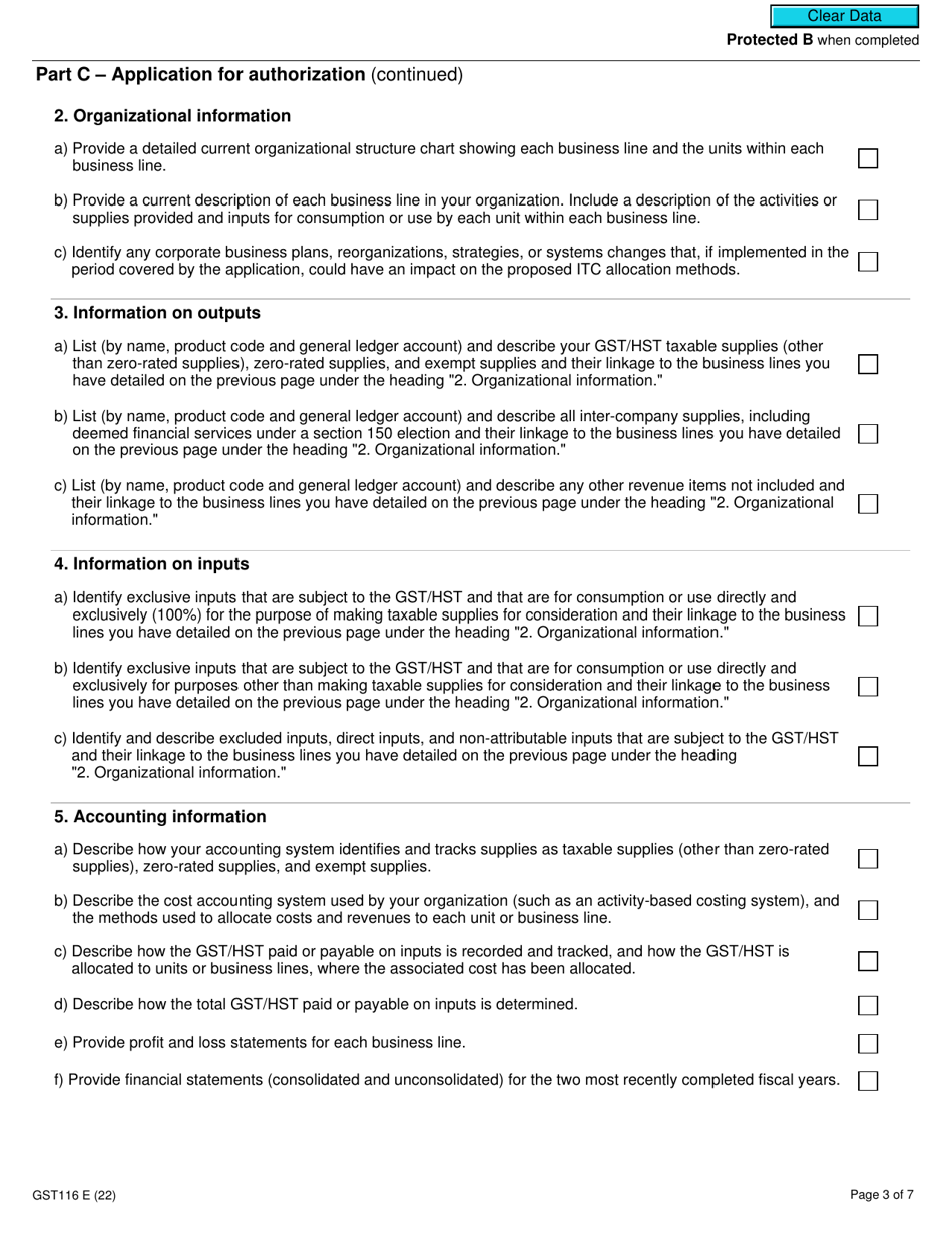Form GST116 Application, Renewal, or Revocation of the Authorization for a Qualifying Institution to Use Particular Input Tax Credit Allocation Methods - Canada, Page 3