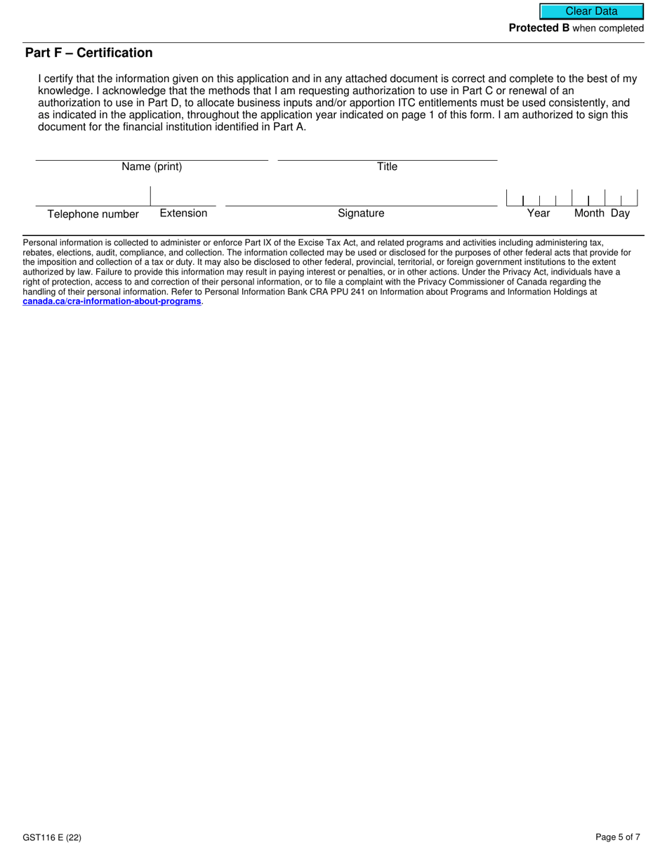 Form GST116 Application, Renewal, or Revocation of the Authorization for a Qualifying Institution to Use Particular Input Tax Credit Allocation Methods - Canada, Page 5