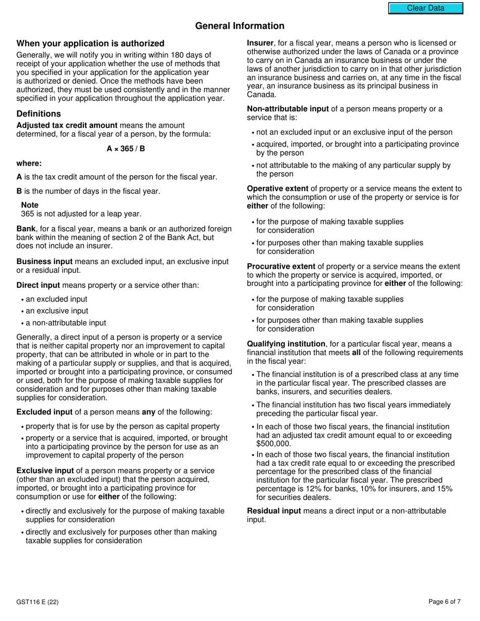 Form GST116 Application, Renewal, or Revocation of the Authorization for a Qualifying Institution to Use Particular Input Tax Credit Allocation Methods - Canada, Page 6