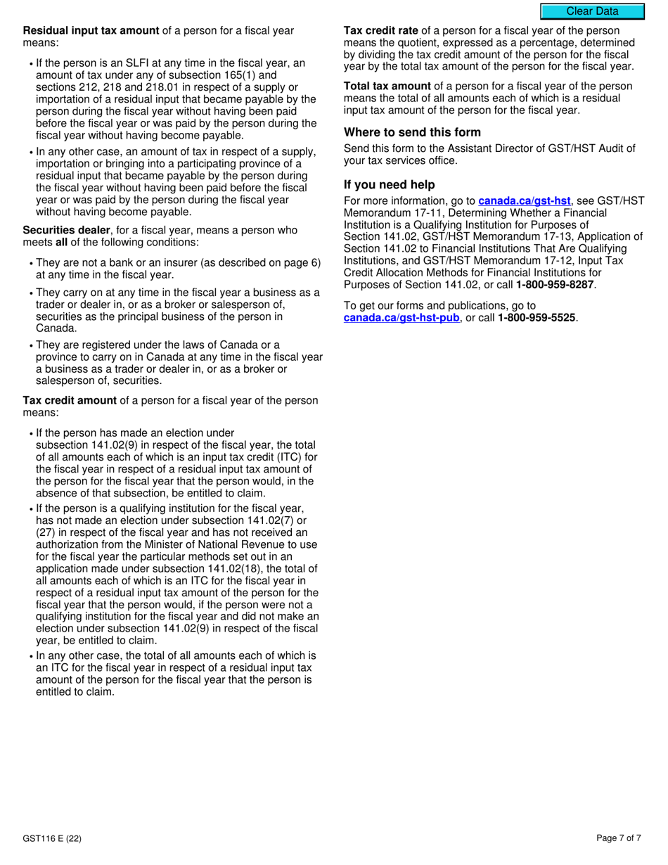 Form GST116 Application, Renewal, or Revocation of the Authorization for a Qualifying Institution to Use Particular Input Tax Credit Allocation Methods - Canada, Page 7
