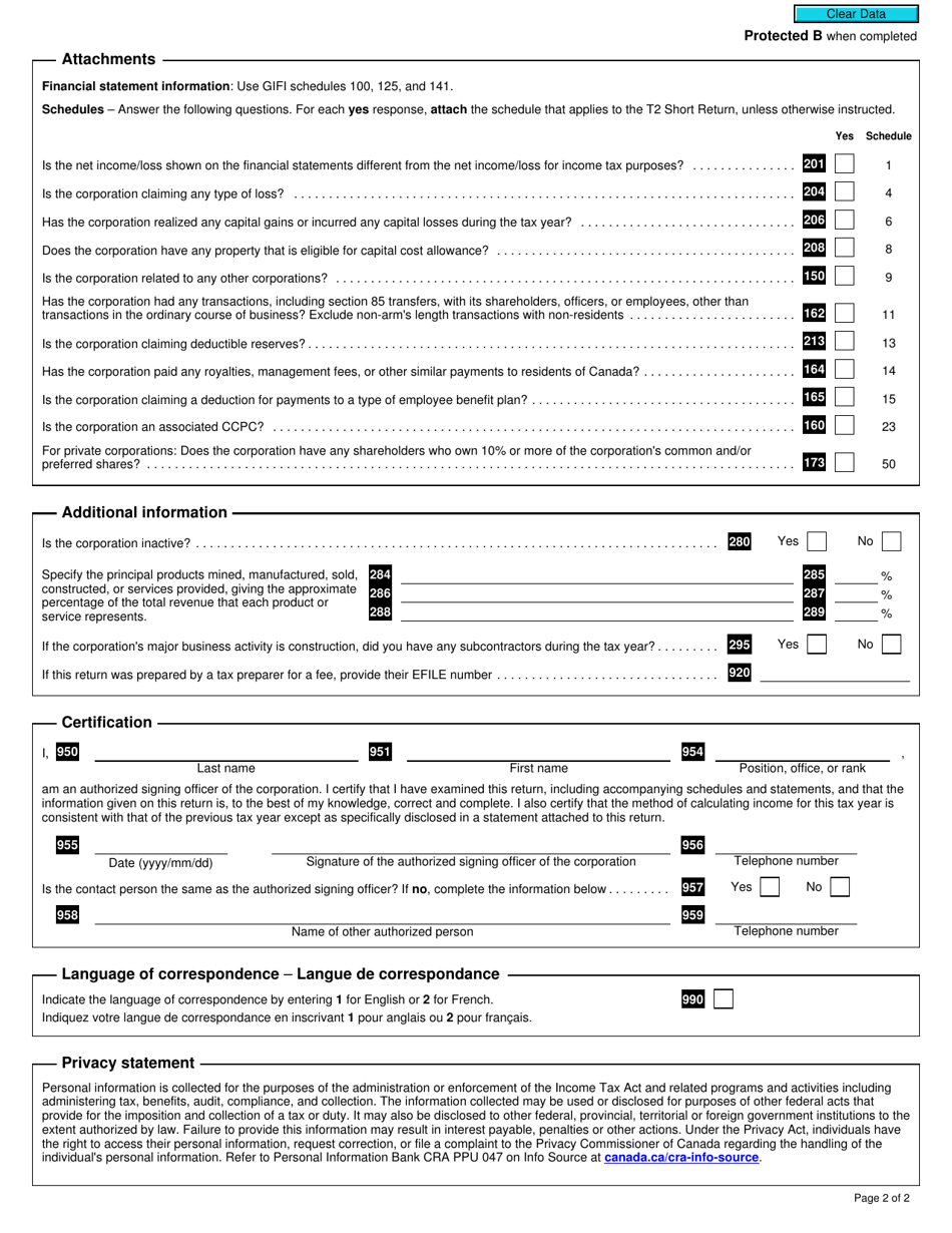 Form T2 SHORT Net Income (Loss) for Income Tax Purposes - Canada, Page 4