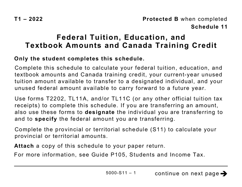 Form 5000-S11 Schedule 11 Federal Tuition, Education, and Textbook Amounts and Canada Training Credit (For All Except Qc and Non-residents) (Large Print) - Canada, Page 1