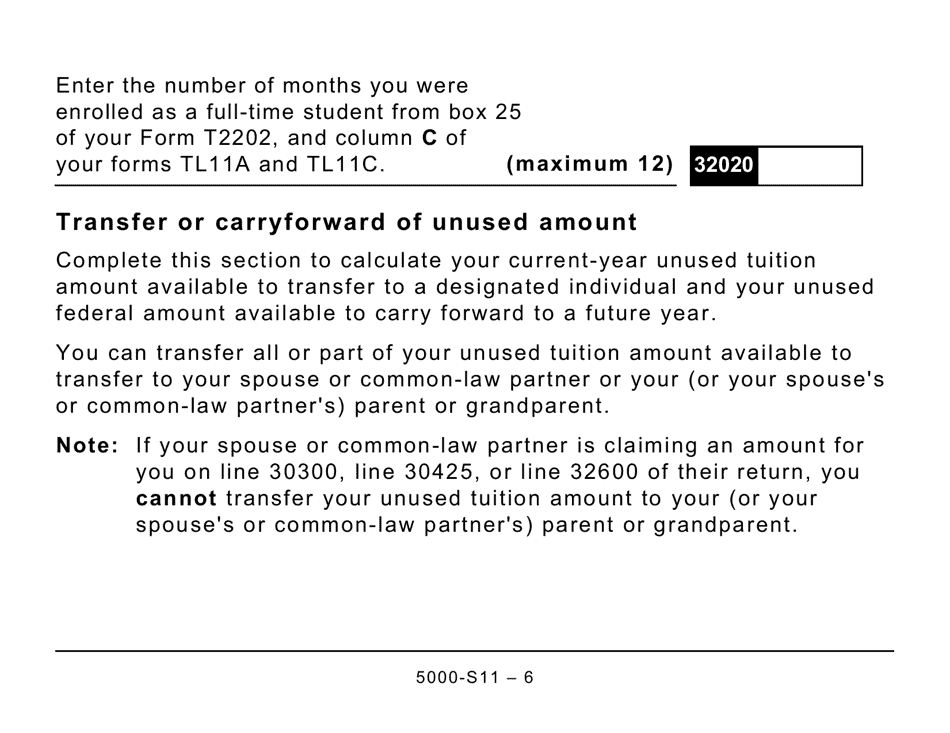Form 5000-S11 Schedule 11 Federal Tuition, Education, and Textbook Amounts and Canada Training Credit (For All Except Qc and Non-residents) (Large Print) - Canada, Page 6