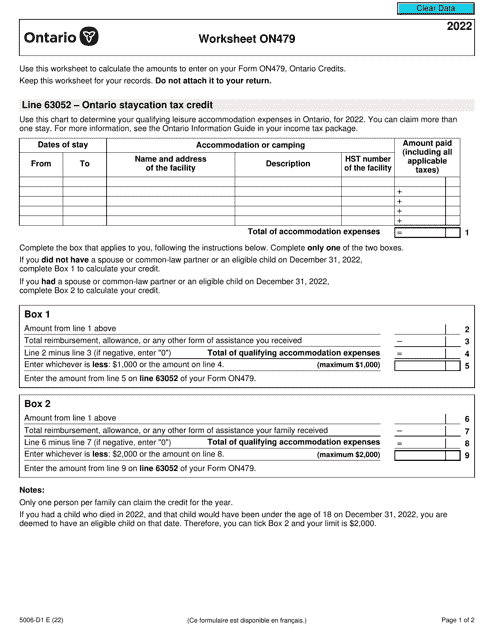 Form 5006-D1 Worksheet ON479 2022 Printable Pdf