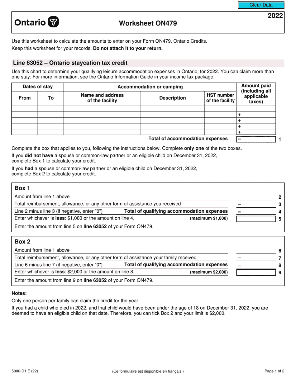 Form 5006-D1 Worksheet ON479 Ontario - Canada, Page 1