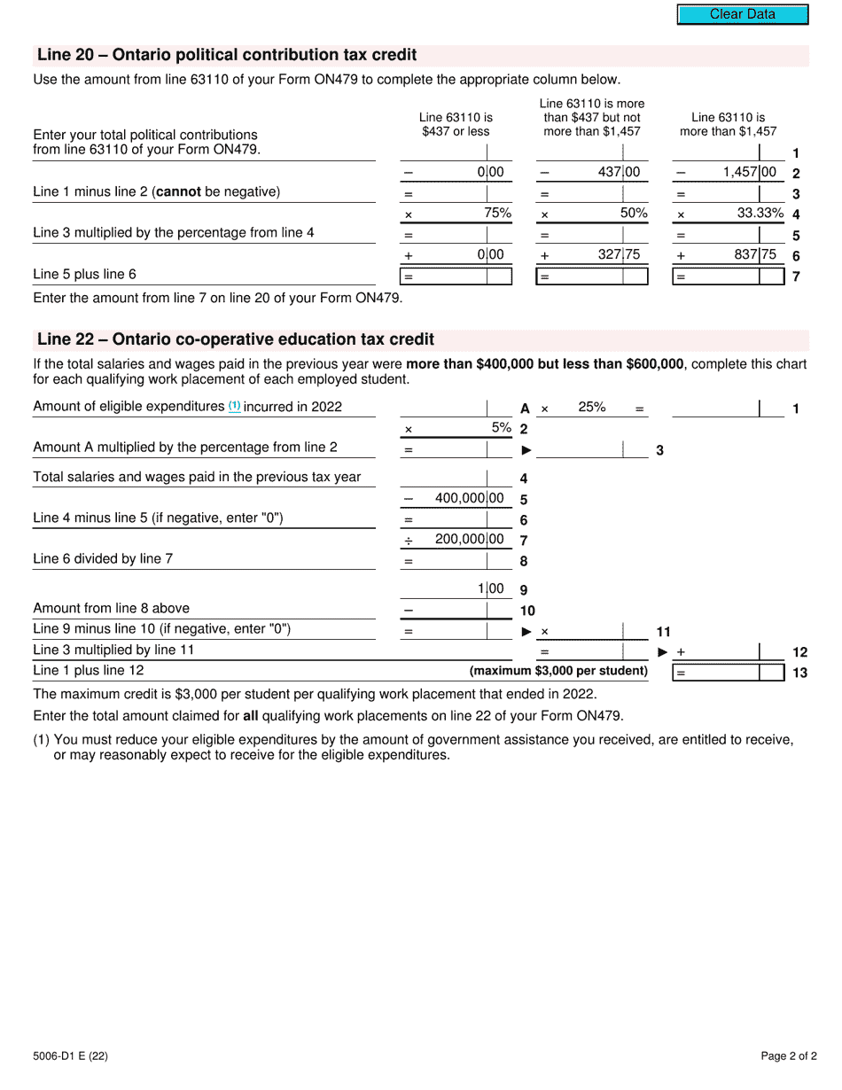 Form 5006-D1 Worksheet ON479 Ontario - Canada, Page 2