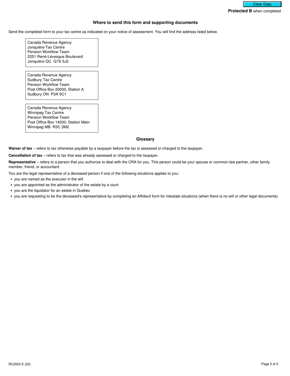 Form RC2503 Request for Waiver or Cancellation of Part X.1 Tax - Rrsp, Prpp and Spp Excess Contribution Tax - Canada, Page 2