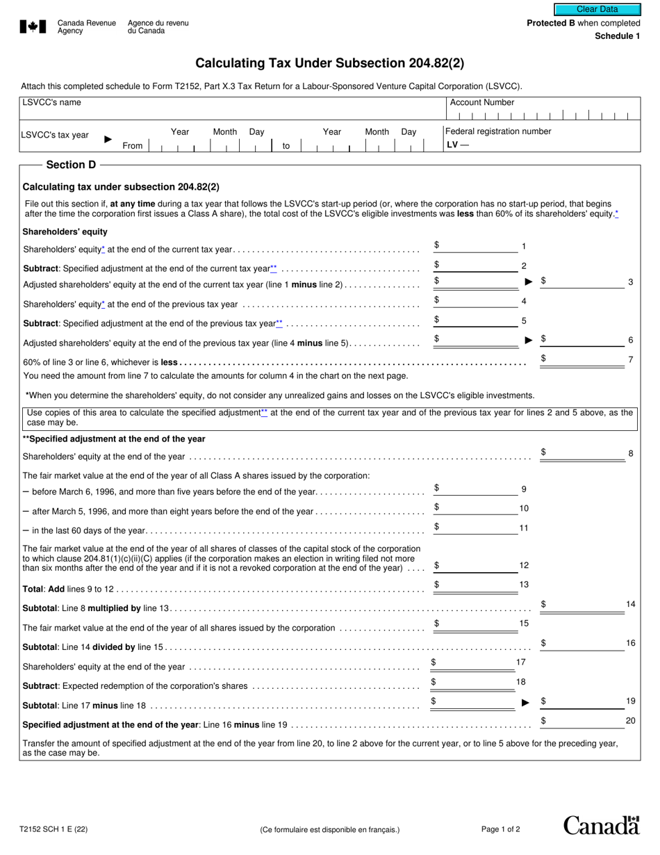 Form T2152 Schedule 1 Calculating Tax Under Subsection 204.82(2) - Canada, Page 1