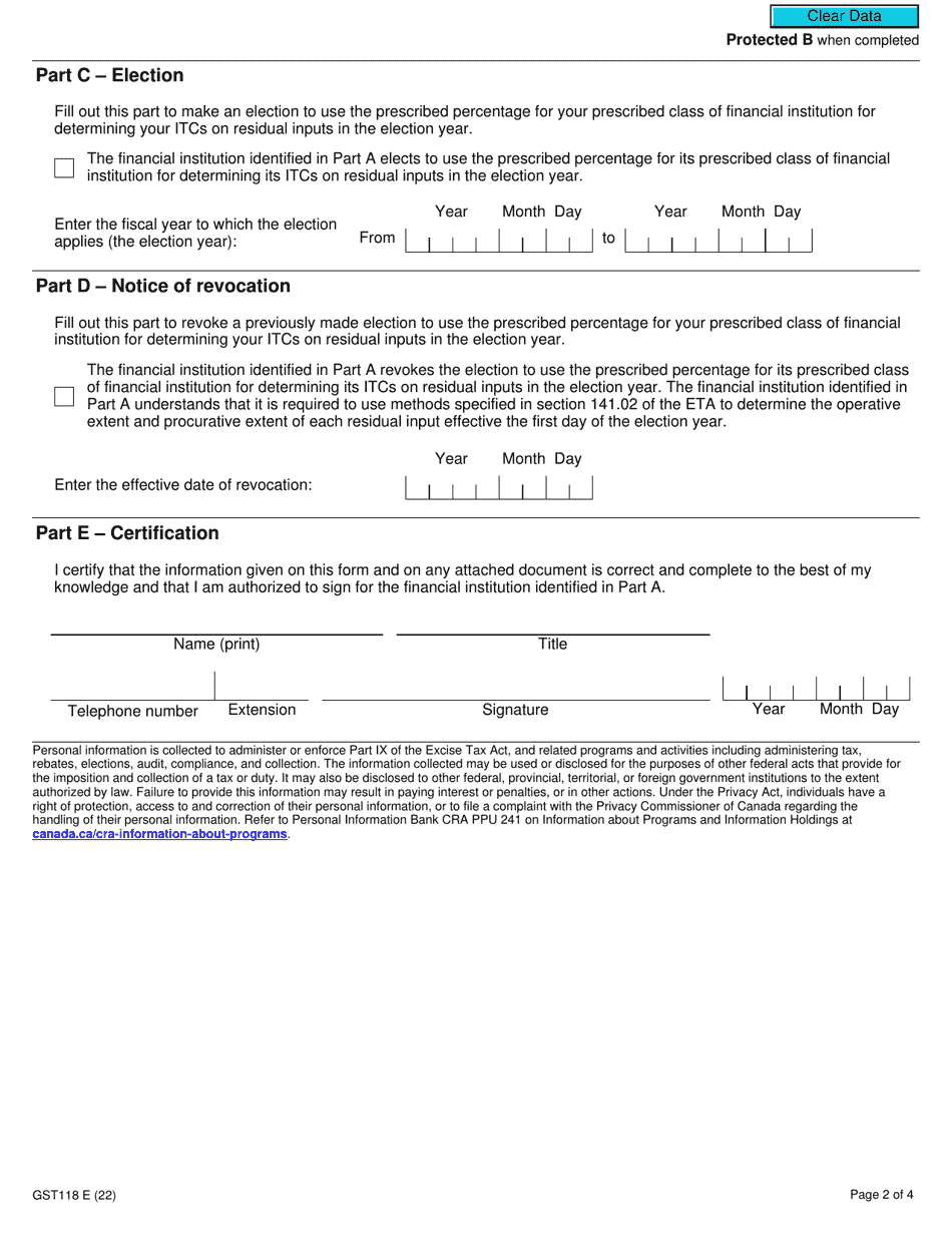 Form GST118 Election or Revocation of an Election for a Financial Institution to Use the Prescribed Percentage - Canada, Page 2