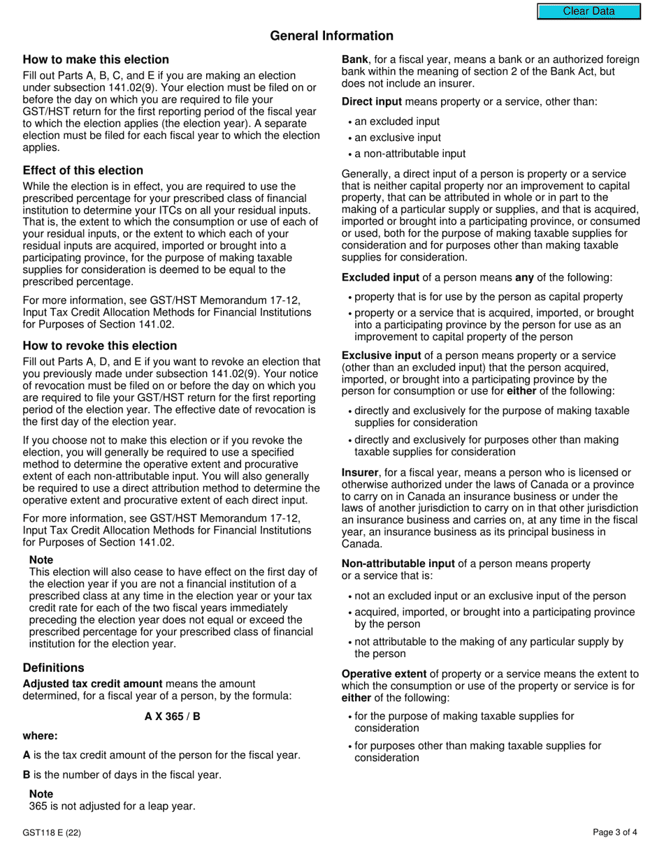 Form GST118 Election or Revocation of an Election for a Financial Institution to Use the Prescribed Percentage - Canada, Page 3