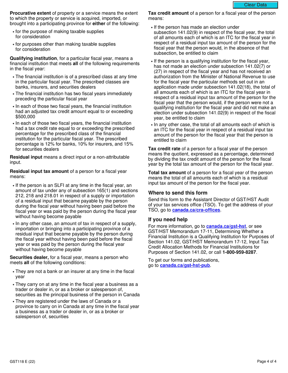Form GST118 Election or Revocation of an Election for a Financial Institution to Use the Prescribed Percentage - Canada, Page 4