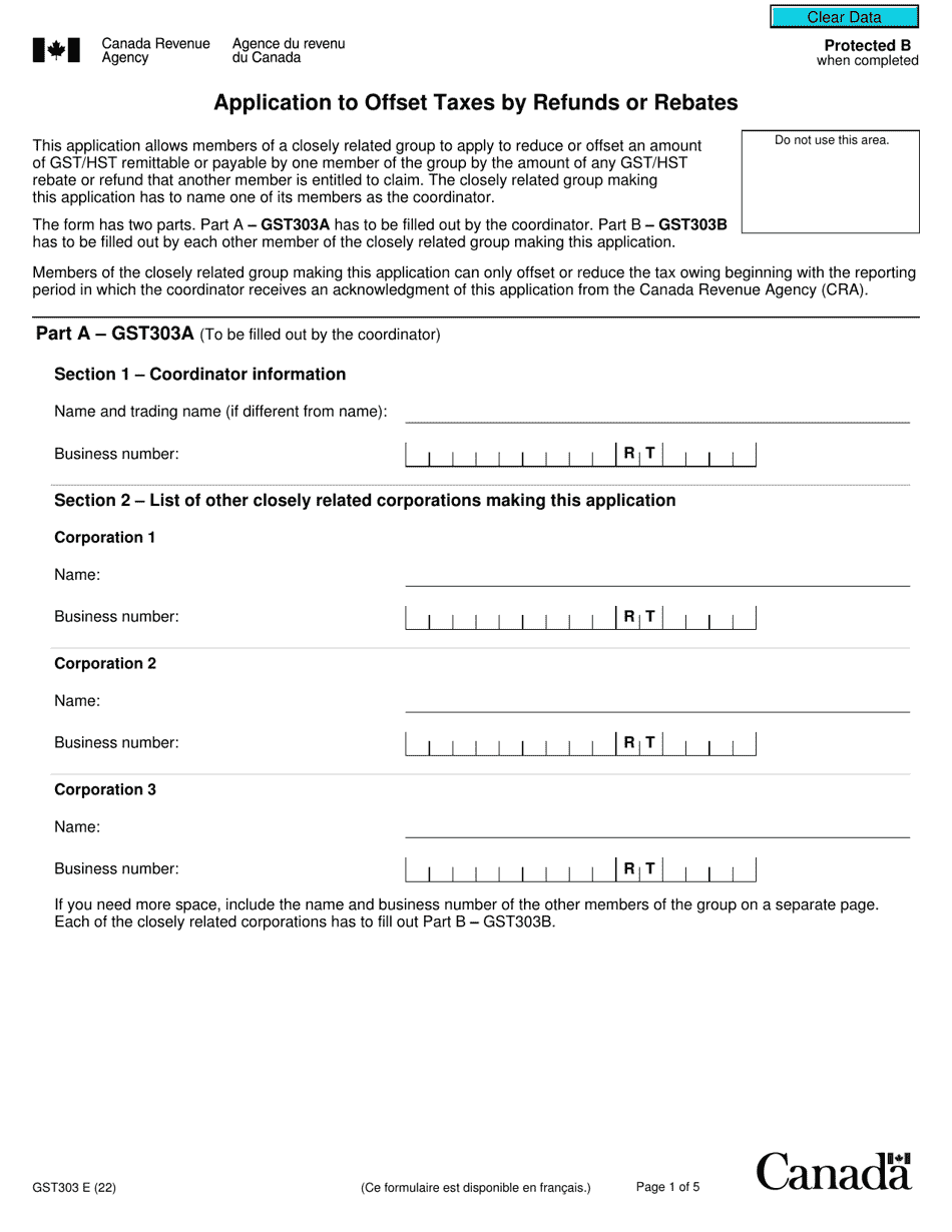 Form GST303 Application to Offset Taxes by Refunds or Rebates - Canada, Page 1